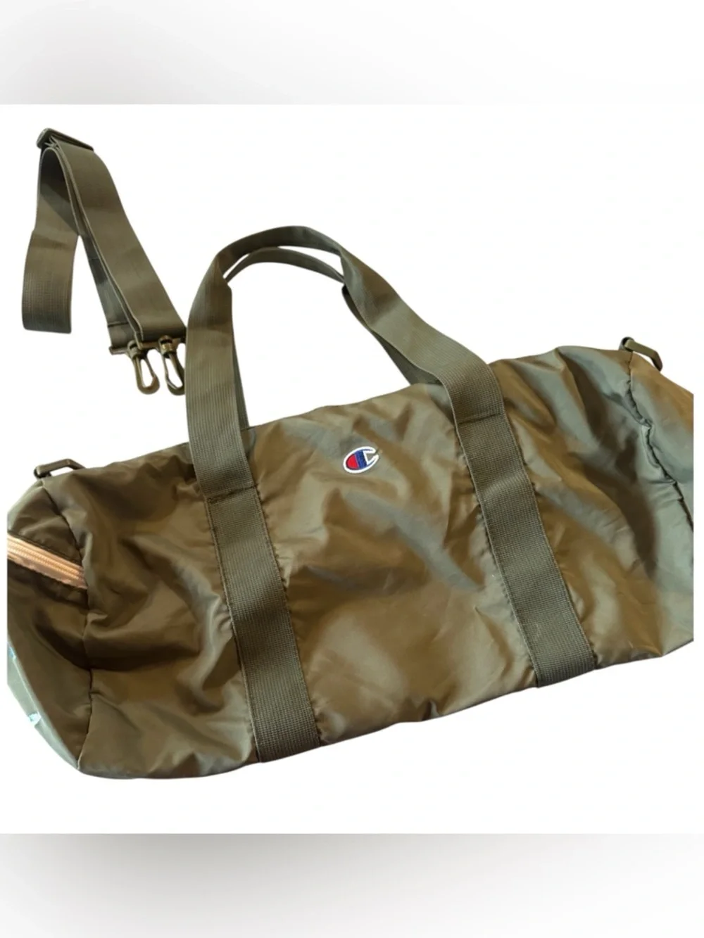 Champion Olive Green Duffel Gym Bag Floral Logo Travel Weekender - Picture 3 of 10